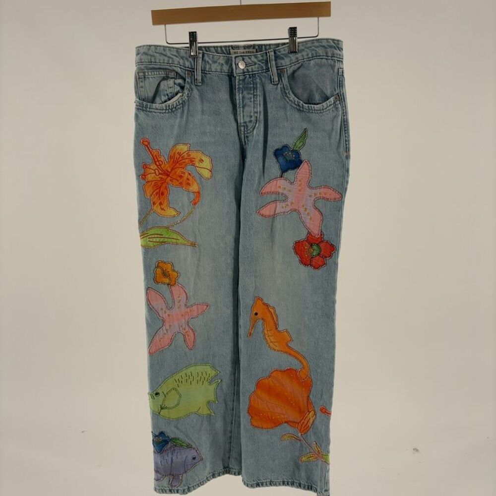 Free People Light Wash Straight-Leg Jeans with Colorful Sea-Life Appliqués